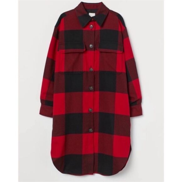 H&M Plaid Oversized Shirt Jacket Shacket Red Black Small Blogger Favorite - Picture 3 of 15